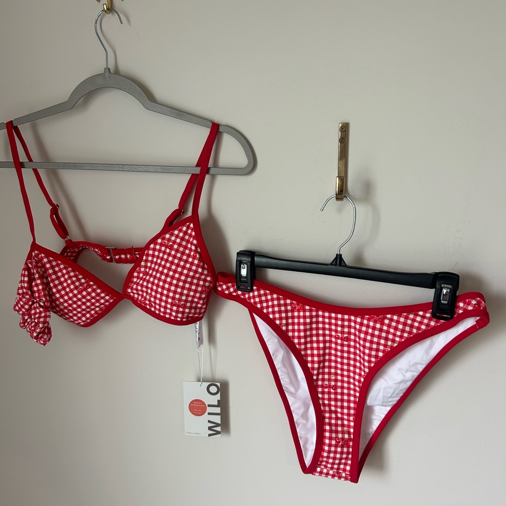 Wilo Red Gingham Cherry Bikini Set with scrunchie